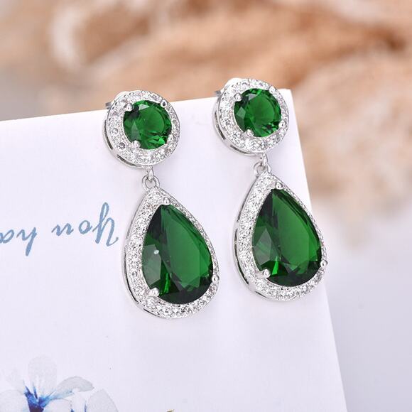 Women's Drop Dangle Emerald Simulated Silver Tone Earrings - Picture 2 of 10